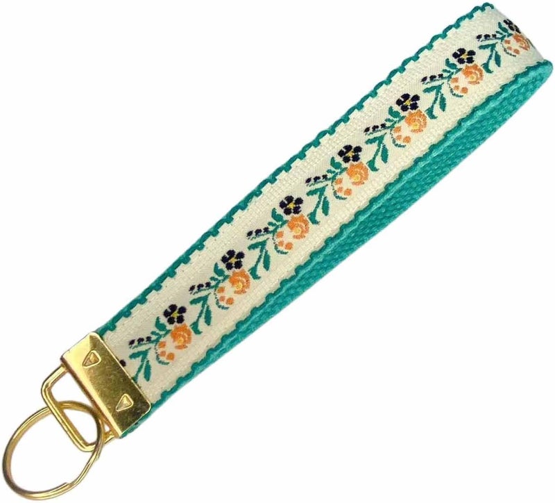 BattleTim Floral Embroidered Fabric Keychain Wristlet Key Fob Keychain Car Key Chain Holder Handmade Wristband for Women - Image 1